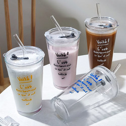 High-Profile Internet Celebrity ins French-Style Drink Straw Cup Coffee Milk Tea Cold Drink Cup Summer Women's Glass Water Cup with Lid