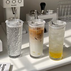 High-Quality Transparent Coffee Ice American Latte Glass Cup with Large Capacity, Lid, and Straw, Suitable for Office Use