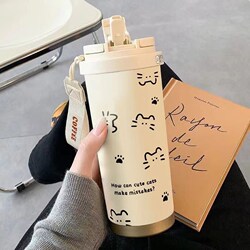 Line Drawing Cat Large-Capacity Insulated Cup with Straw, Drinking Cup for Sports, Car, Portable, for Male and Female Students, School Cup
