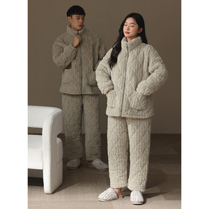 
[Super thick] Three-layer quilted couple's pajamas, women's winter thickening suit, high collar, warm men's cotton-padded jacket, home clothes