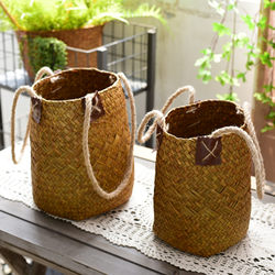 Rustic Straw Woven Flower Baskets and Flower Pots, Dried Flower Baskets, Hand-Woven Storage Baskets, Rattan and Bamboo Woven Living Room Decorative Flower Vessels