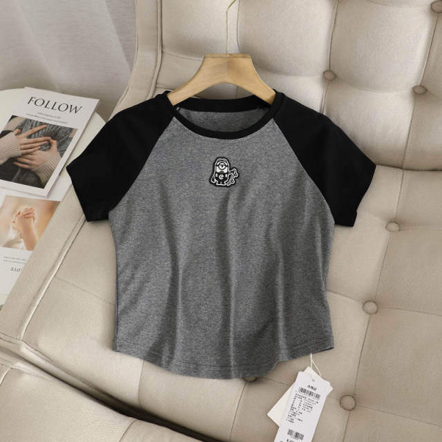 Iranian style! Contrasted color splicing trolley sleeves round neck embroidered short sleeves small slim casual gray T-shirt top for women