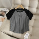 Iranian style! Contrasted color splicing trolley sleeves round neck embroidered short sleeves small slim casual gray T-shirt top for women