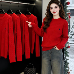 Red sweater winter thick 2026 new pony embroidered round neck bottoming shirt for women with knitted slim fit top