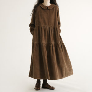 
Retelling corduroy Japanese doll collar autumn long-sleeved dress new loose slim simple A-line skirt long skirt