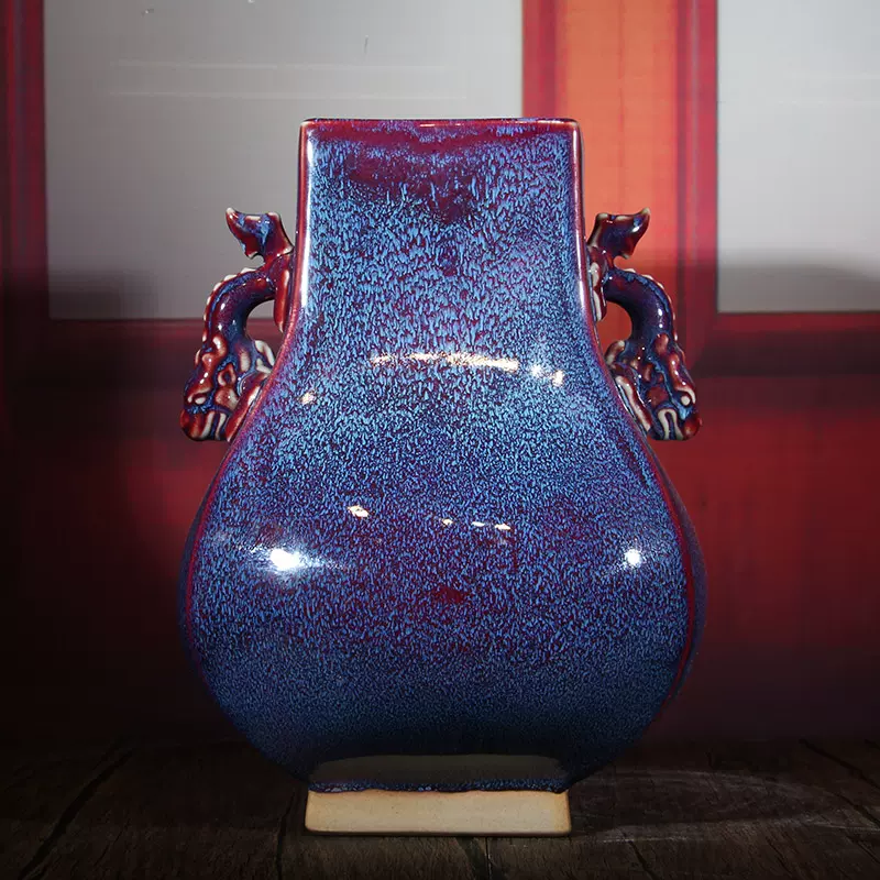 钧瓷花瓶四方双龙尊陶瓷复古花器居家装饰客厅玄关中式摆件礼盒