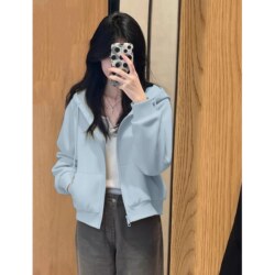 Korean Style Thin Jacket for Women 2026 New Early Autumn Short Hooded Heavyweight Sweatshirt Petite Top Cardigan Trendy