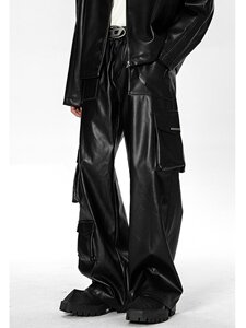 American hip-hop punk leather pants for men in spring, West Coast explosive street work pants, high street handsome multi pocket long pants trend