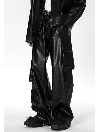 American hip-hop punk leather pants for men in spring, West Coast explosive street work pants, high street handsome multi pocket long pants trend