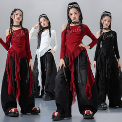 Girls' Jazz Dance Costume, Jazz Long-Sleeved Suit with Ribbons for Older Children, Dance Practice Clothes, Hip-Hop Street Dance Performance Clothes