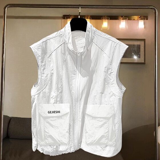 
Half turtleneck zipper sleeveless T-shirt men's summer fashion brand pussy workwear three-dimensional pocket embroidery student vest vest