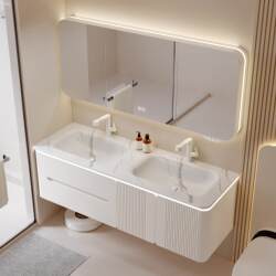 Bathroom Cabinet with Integrated Curved Sintered Stone Top, Seamless Ceramic Double Basin Sink, Oak Vanity Set