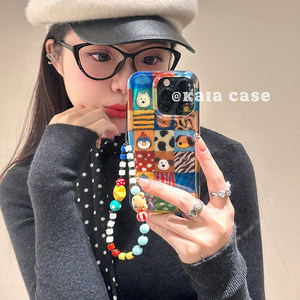 
kaia cartoon ins laser animal puzzle suitable for apple 16promax mobile phone case iphone13 new model 14 with lanyard 12 women's model 15promax double layer 16pro anti-fall protective cover