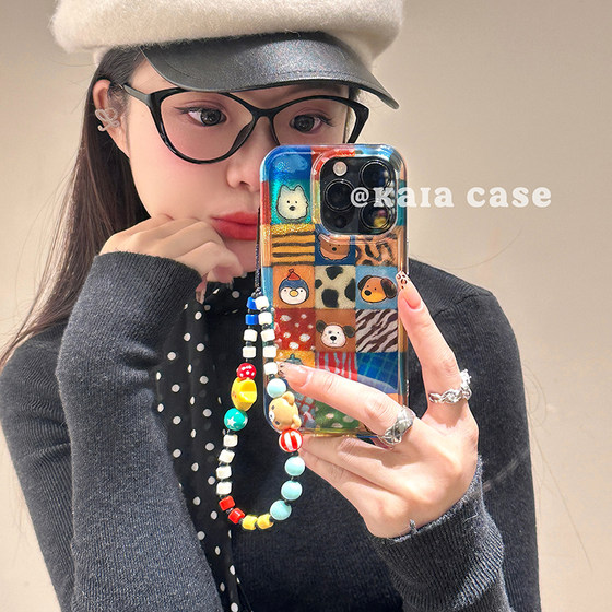 
kaia cartoon ins laser animal puzzle suitable for apple 16promax mobile phone case iphone13 new model 14 with lanyard 12 women's model 15promax double layer 16pro anti-fall protective cover