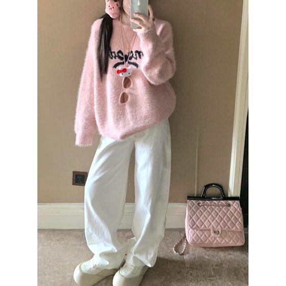 Sweet and soft waxy knitted bow embroidered sweater jacket for women 2026 new autumn loose lazy style top