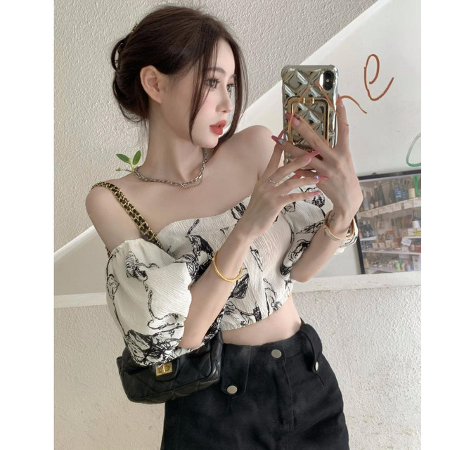 Hong Kong style retro ink printing one-length shirt for women in summer puff sleeves short shirt chiffon short sleeve top trendy
