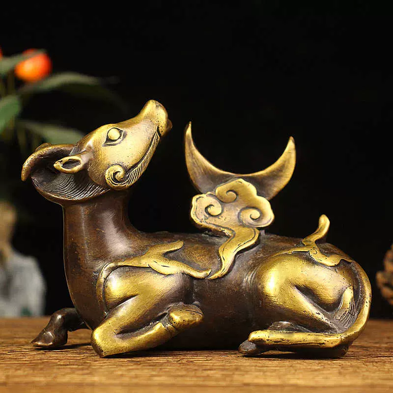 仿古純銅犀牛望月筆架銅臥牛擺件創意動物鎮紙書房桌面裝飾工藝禮品擺飾 