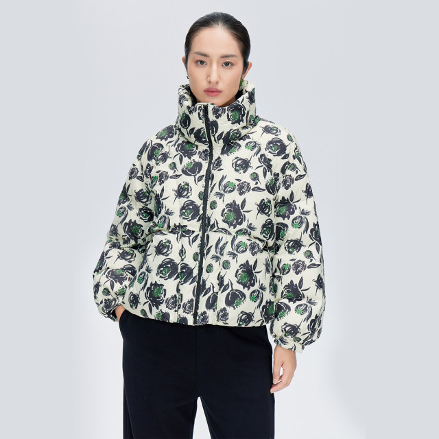 Ailei'er winter versatile short down jacket for women's printed loose stand collar thermal jacket off-season clearance