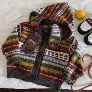 Boys' Korean retro style Fair Isle jacquard sweater 2026 spring and autumn new style baby boy's literary style knitted cardigan