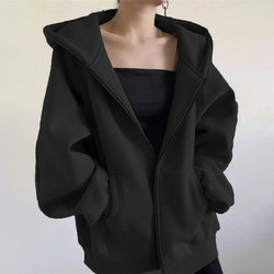 Autumn and Winter Black Sweatshirt Jacket for Women, Fleece-Lined and Thickened, 2026 New Popular Style, Loose Cardigan, Early Autumn Hooded Top for Women