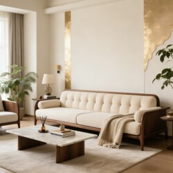 New Chinese-Style Modern Minimalist Cream-Colored Black Walnut Solid Wood Sofa for Living Room, 2026 New Model, Home Use, Simple and Light Luxury