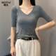Threaded V-neck mid-sleeved T-shirt for women in spring and summer slim 2025 new base shirt low collar inner five-point sleeve half-sleeved top