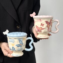 Girly Pink Dreamy Butterfly Mug, High-Value Ceramic Water Cup, Souvenir Breakfast Cup, Niche Coffee Cup, in