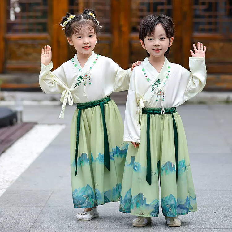 儿童新品春秋款汉服男女同款中国风唐装女童改良民族风演出服古风-Taobao