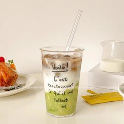 Korean Style ins Wind Ice Latte Coffee Cup, Simple Letter Glass Cup for Home Use, Juice Cup, Milk Cup, Drinking Cup