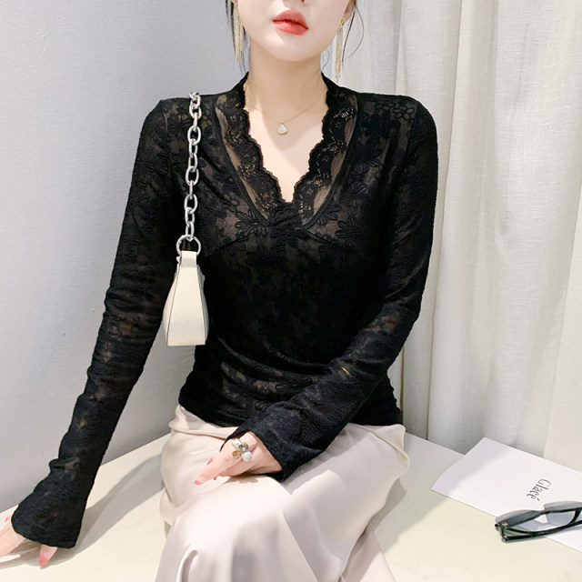 European base shirt for women in spring and autumn sexy hollow V-neck lace shirt for women long sleeve tight inner top temperament shirt