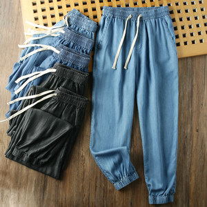 Soft and drape~cool and breathable~summer men's thin elastic waisted loose straight-leg Tencel jeans casual pants