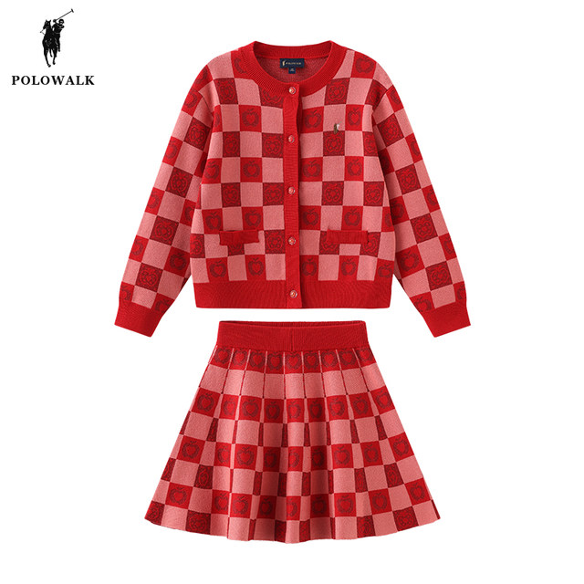POLOWALK children's clothing girl clothing fashion set 2024 autumn new children's red knitted skirt