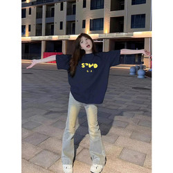 American High Street Navy Blue Regular Shoulder Short-Sleeve T-Shirt for Women, Summer 2026 New Loose Design Trendy Brand Couple Top