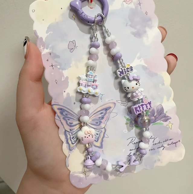 
Purple castle kt cat chain short pendant beaded chain original pendant high-end lanyard wrist chain