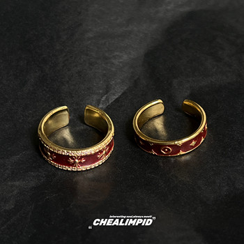 
CHEALIMPID/.Crowe old flower wine red gold retro opening ring niche design enamel light luxury finger ring