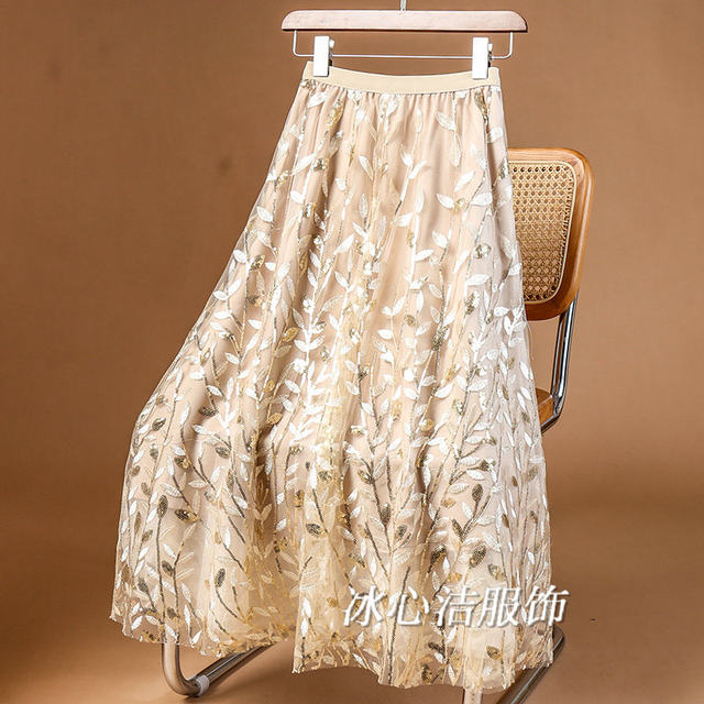 Summer French heavy industry sequin embroidered mesh large sway skirt for women 2025 new skirt umbrella skirt skirt long skirt
