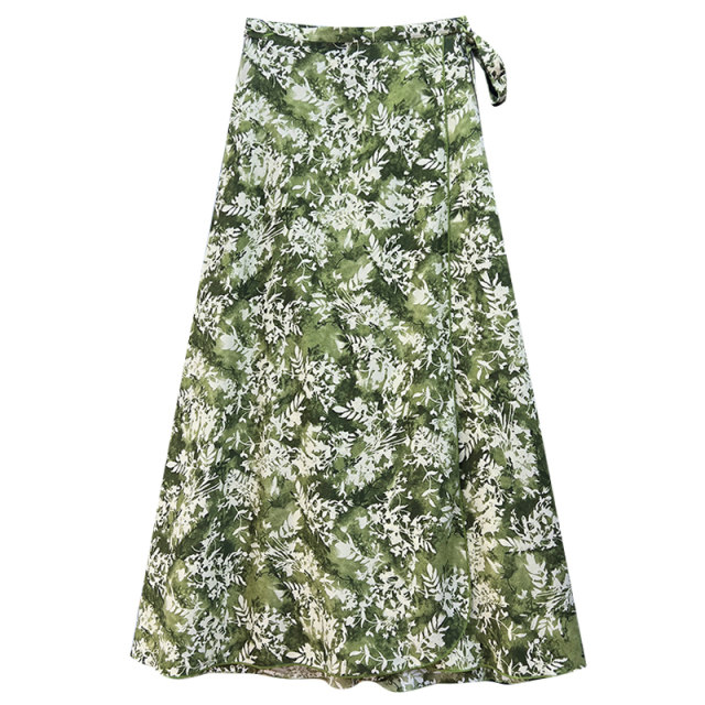 2025 early spring new retro printed strap skirt for women spring lace-up one-piece high-waist slim long skirt
