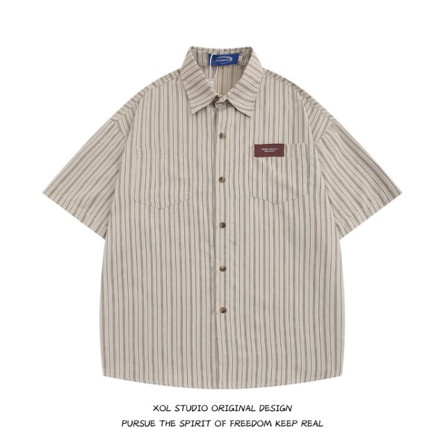 XOL original Japanese striped lapel short -sleeved shirt men's niche design sensor retro port wind chIC shirt summer