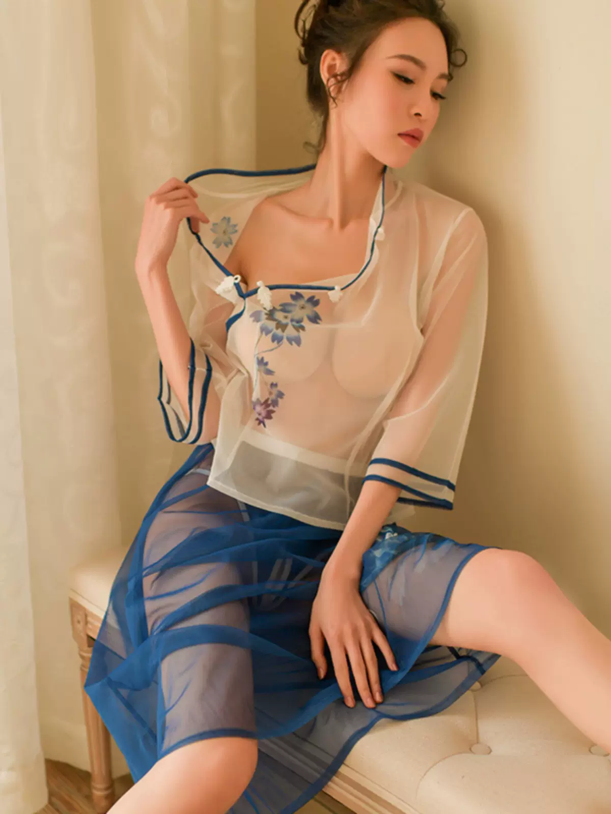 2024新款性感睡衣女式透明薄纱复古风旗袍情趣高级感家居服套装