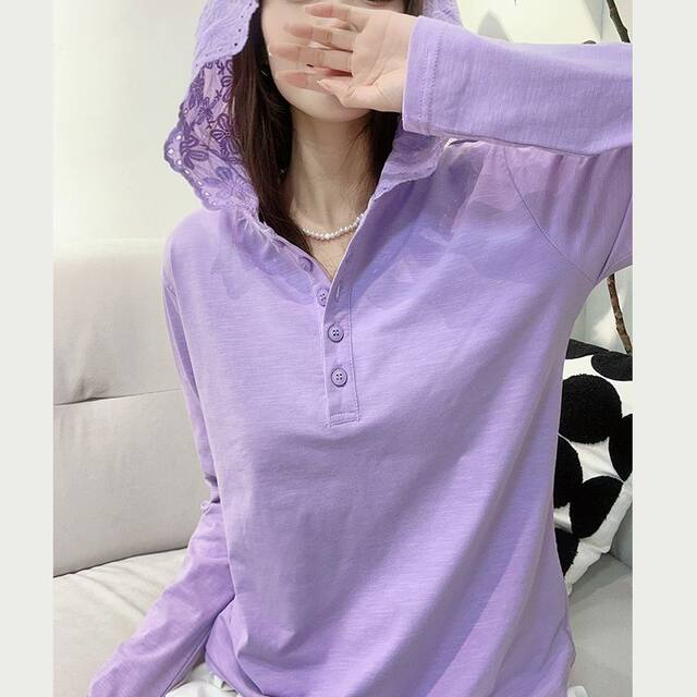 Internet celebrity European lace hooded long-sleeved T-shirt for women in 2025 spring new fashionable base shirt sun protection top