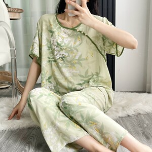 Cotton and silk pajamas Female summer short -sleeved trousers artificial cotton and silk new Chinese thin loose temperament home suit
