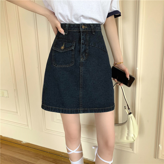 Niche design high -waisted denim skirt female summer 2022 new large size, thin A -line skirt bag hip skirt