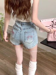 American Style Spicy Girl Denim Shorts for Women, New Summer High-Waisted Plus Size Pocket Embroidered A-Line Ultra-Short Tight Hot Pants