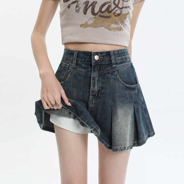 American all-match denim short skirt for women summer new large size pleated skirt small high waist slimming A-line skirt