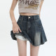 American all-match denim short skirt for women summer new large size pleated skirt small high waist slimming A-line skirt