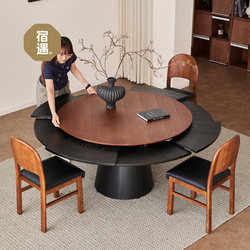 Ancient-Style Home-Use 10-Person Round Fletcher Solid Wood Dining Table and Chairs with a Rotating, Telescopic, and Transformable Design