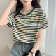 Fresh green striped T-shirt for women in summer short-sleeved 2025 new loose round neck versatile T-shirt niche top
