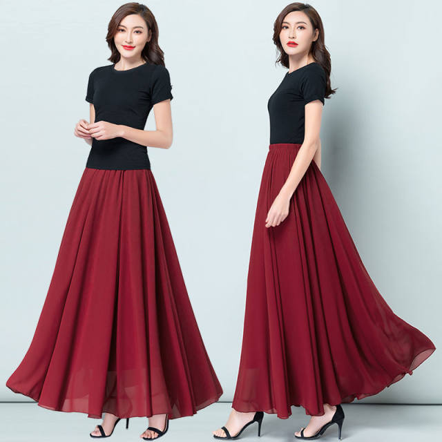 Chiffon half -bodies long skirt female spring big fairy skirt, wine red high waist pleated A -line skirt
