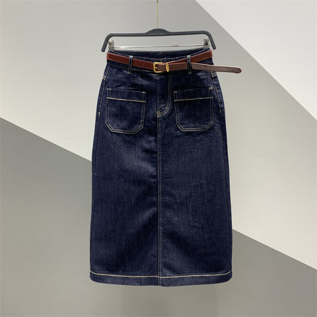 New high-waist dark blue half-body denim skirt for spring 2025 for women with versatile slim and one-step straight midi skirt