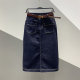 New high-waist dark blue half-body denim skirt for spring 2025 for women with versatile slim and one-step straight midi skirt